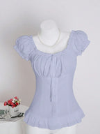Womens Summer Solid White Ruffle Short Sleeve Blouse