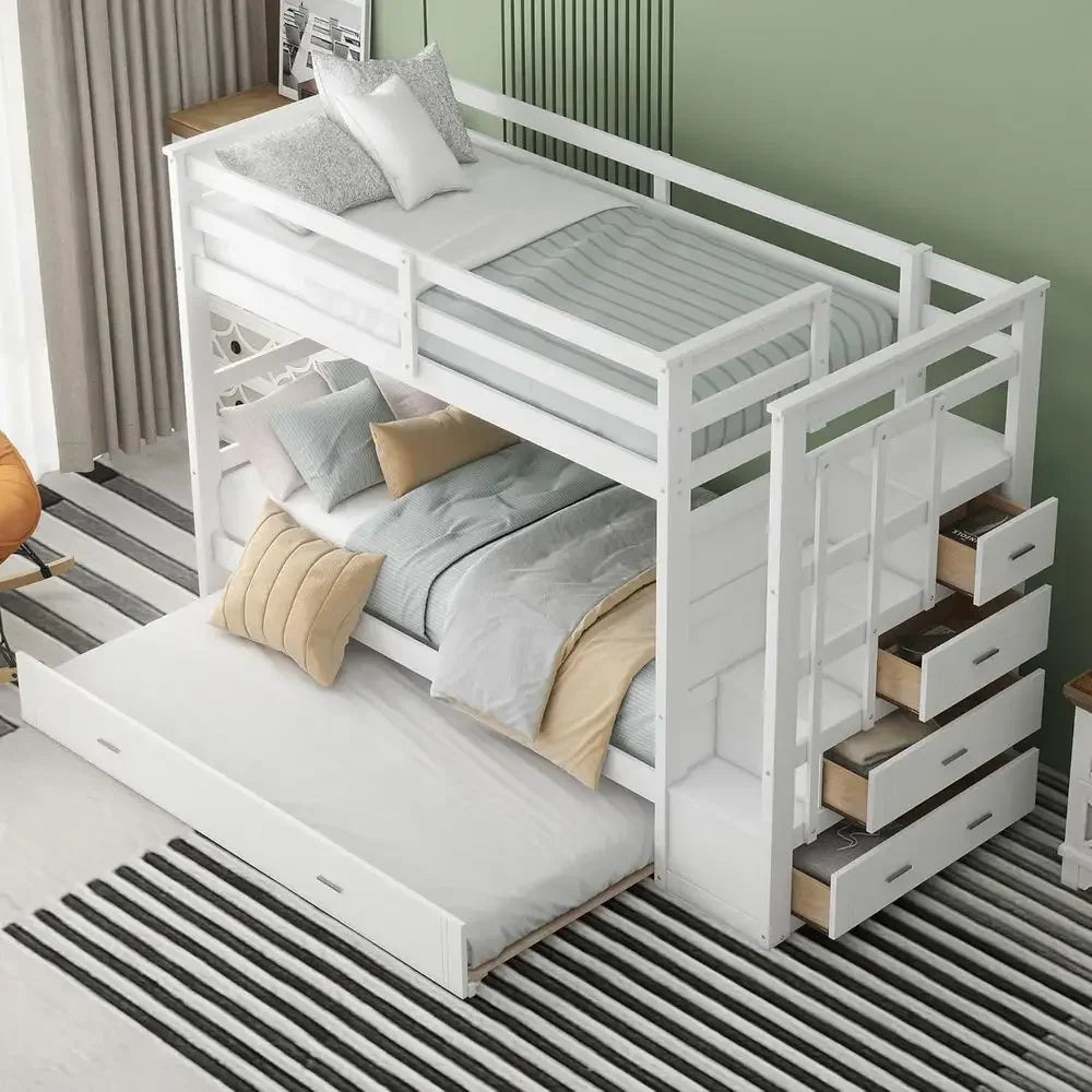 Twin Over Twin Staircase Bunk Bed with Trundle, Triple Bunk Bed, Storage Stairs, Safety Rail, Drawers, Solid Wood, Bedroom Set,
