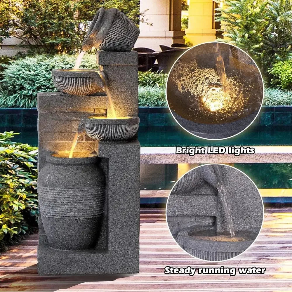 32 Grey Cascading Waterfall Fountain with LED Lights, Suitable for Indoor/Outdoor Use, Garden & Patio Decor