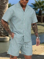 Mens Green And White Vertical Stripe Short Sleeve Shirt And Shorts Set Casual Summer Outfit