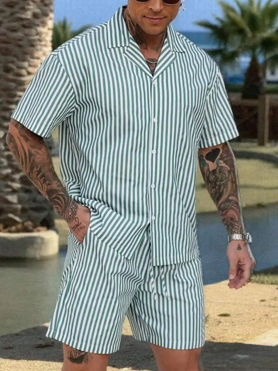Mens Green And White Vertical Stripe Short Sleeve Shirt And Shorts Set Casual Summer Outfit