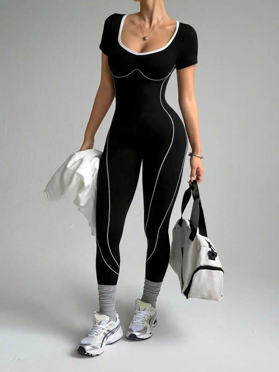 Dewbera Seamless Letter Design Women's Yoga Jumpsuit: Tummy Control Compression Activewear for Running & Fitness