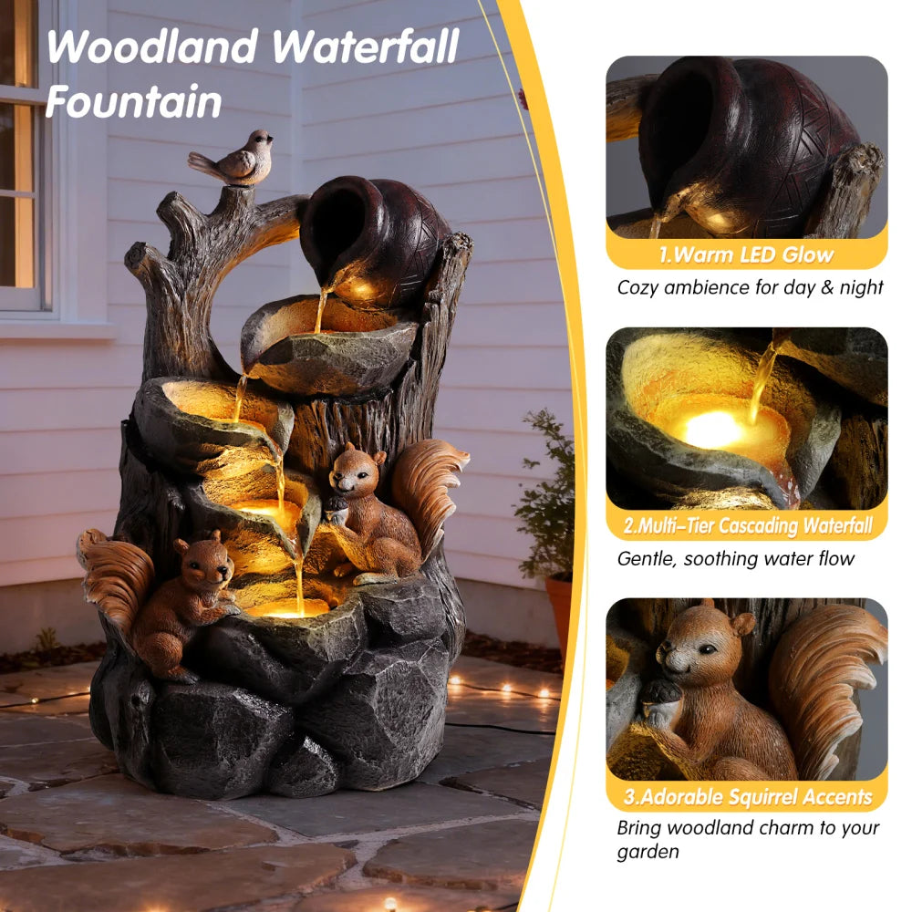 Squirrel Outdoor Water Fountain with Lights Waterfall Garden Decor Resin Tree Stump Pouring Jug for Patio Yard Porch