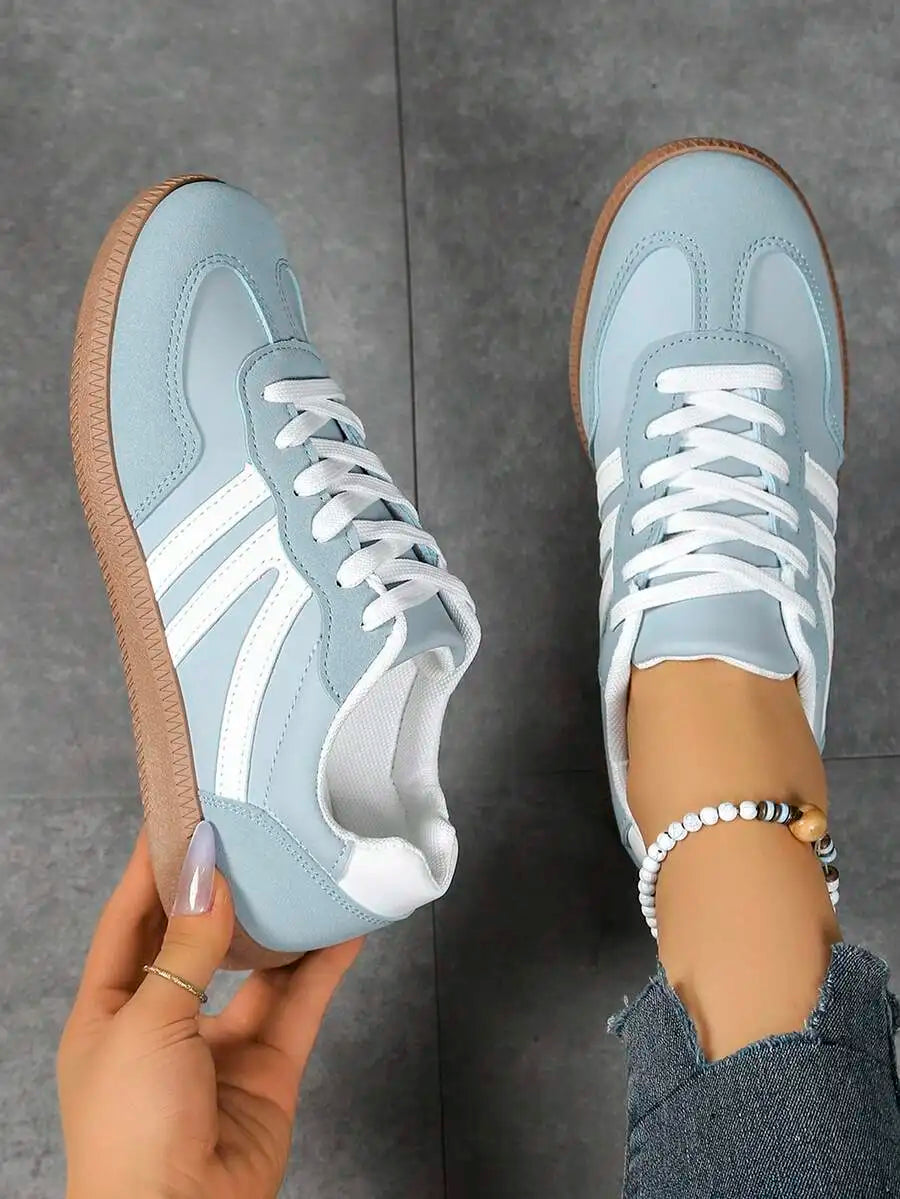 Womens Pink Casual Flat Sneakers With White Stripes Comfortable Lace-Up Shoes For Spring Summer
