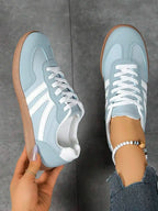Womens Pink Casual Flat Sneakers With White Stripes Comfortable Lace-Up Shoes For Spring Summer