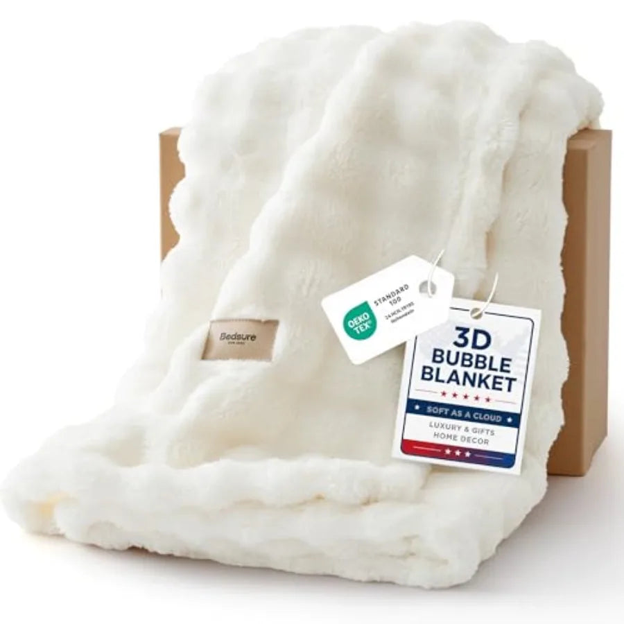 3D Fleece Bubble Blanket for Couch - GentleSoft Cute White Throw Blanket for Sofa Bed Room Decor - Luxury Soft Cozy Cloud Blank