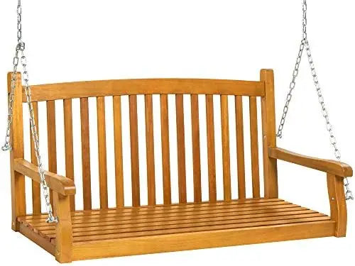 48in Wood Porch Swing Outdoor Patio Hanging Bench Chair Furniture for Deck, Garden, Yard w/Mounting Chains, Curved Back