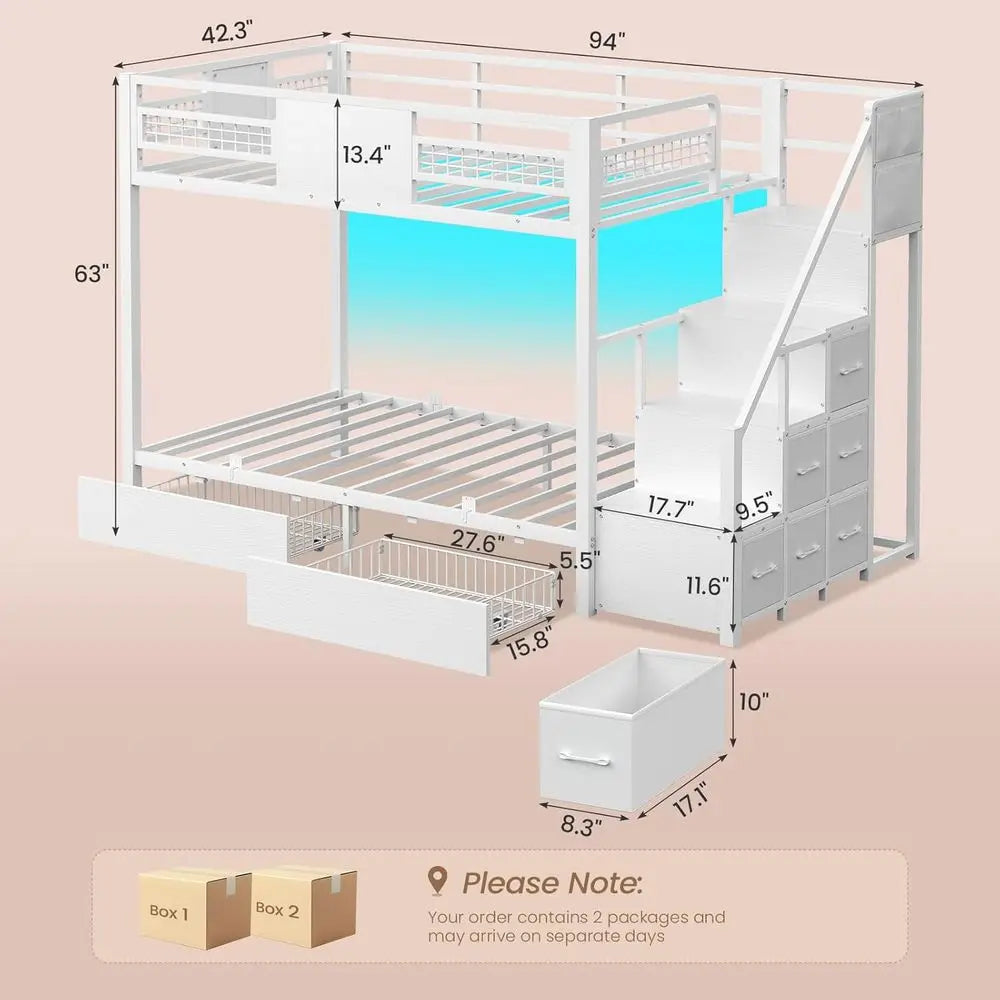 BTHST Bunk Bed Twin Over Twin with Stairs, LED Lights Twin Bunk Bed with 2 Storage Ders & 6 abric Ders, Metal Twin Lot Beds with