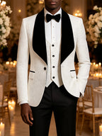 Men Light Blue Jacquard Tuxedo 3 Piece Suit Shawl Black Lapel Slim Fit Blazer Vest Pants Set Wedding Groom Prom Dinner Party Formal Mens Suit