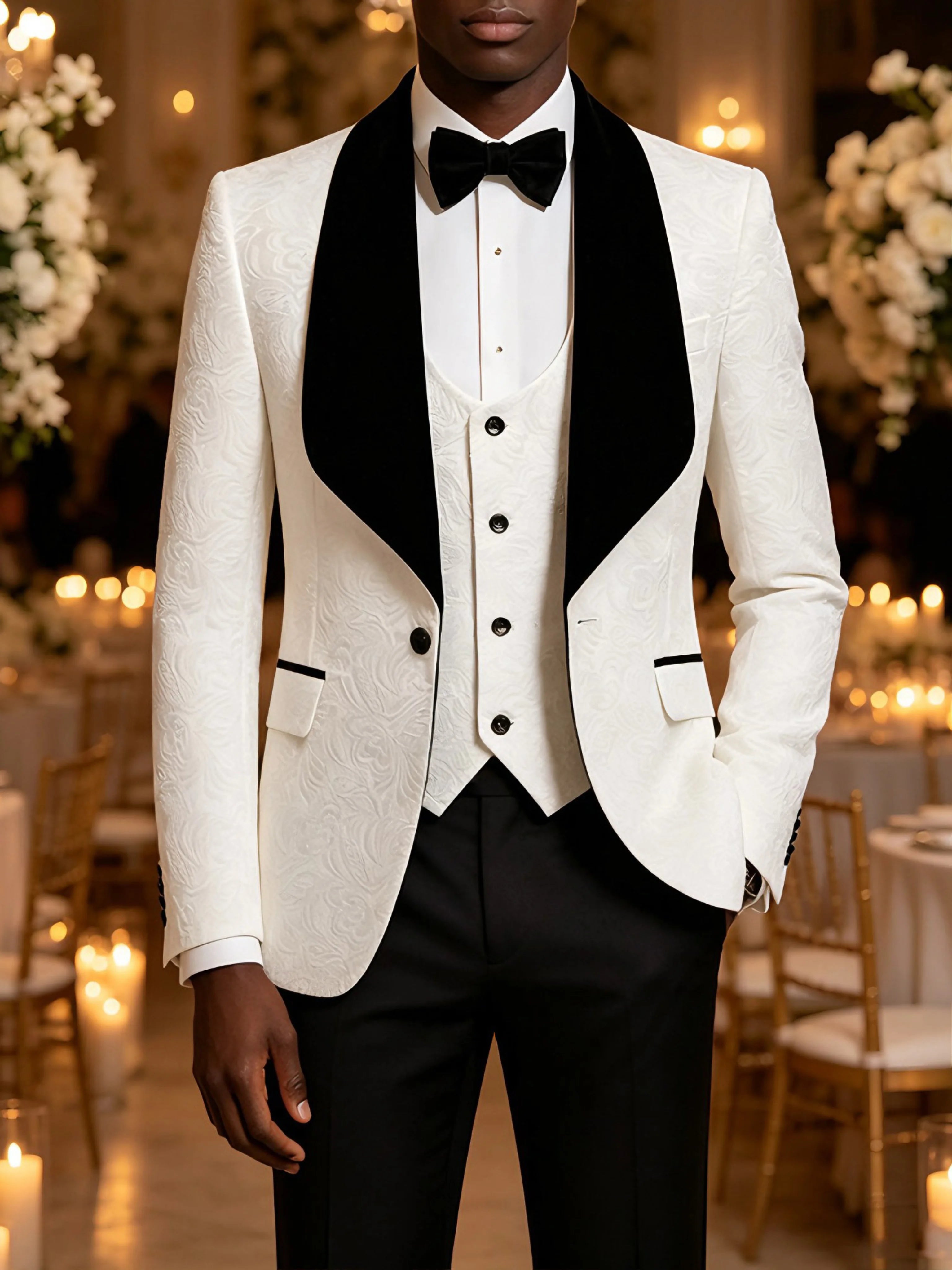 Men Light Blue Jacquard Tuxedo 3 Piece Suit Shawl Black Lapel Slim Fit Blazer Vest Pants Set Wedding Groom Prom Dinner Party Formal Mens Suit