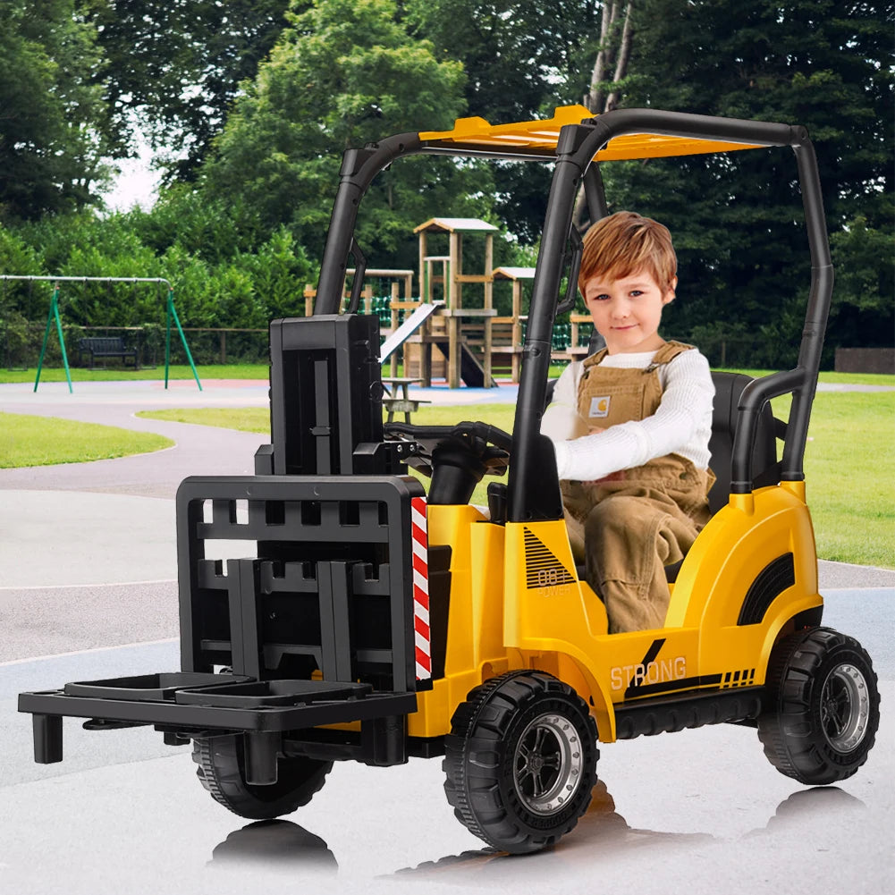 12V Kids Ride on Forklift Car with Tent, Electric Ride On Construction Car with Remote Control, Liftable Fork and Pallet, 2 Speeds, Music, USB, MP3 and Low-Power Alarm