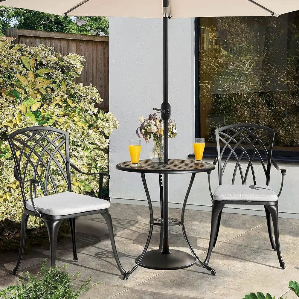 3 Piece Outdoor Cast Patio Bistro Set with Umbrella Hole and Gray Cushions, Black