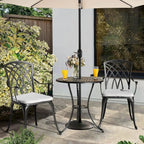 3 Piece Outdoor Cast Patio Bistro Set with Umbrella Hole and Gray Cushions, Black