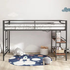 Twin Size Low Loft Bed with Shelf for Kids, Metal Loft Bed Frame, Junior Low Loft Bed