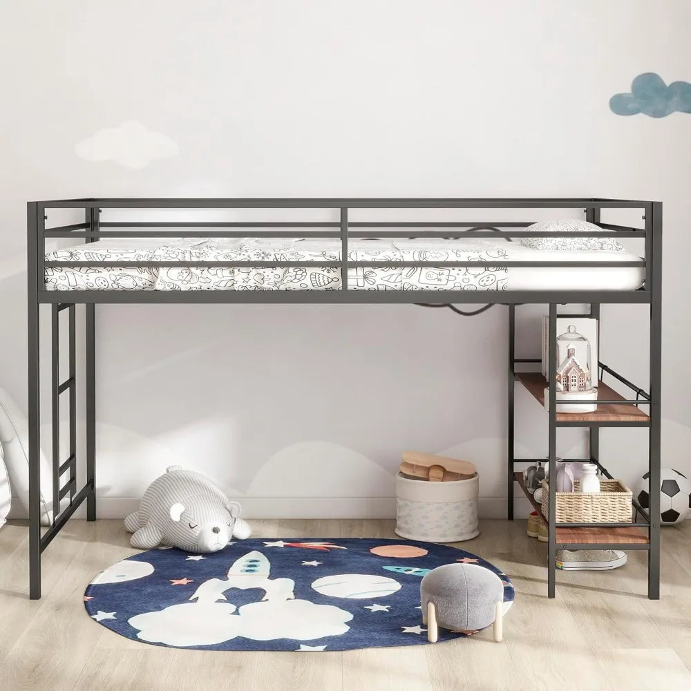 Twin Size Low Loft Bed with Shelf for Kids, Metal Loft Bed Frame, Junior Low Loft Bed