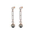 Rose Gold Plated Paved Oval Link & Bar Chain Drop Earrings with CZ Pave & Black Tahitian Pearl Design