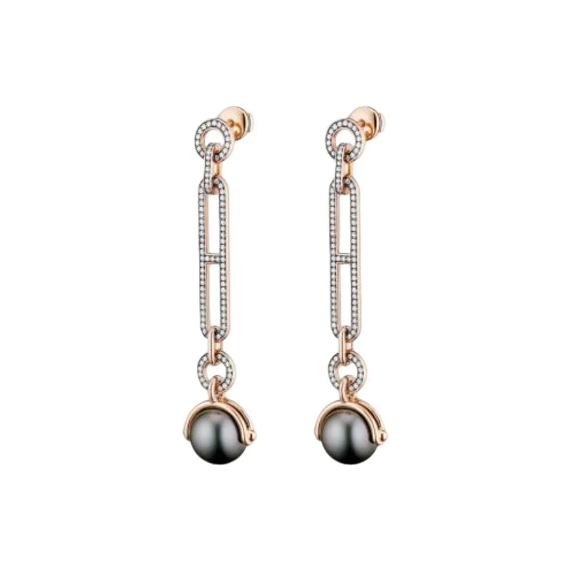 Rose Gold Plated Paved Oval Link & Bar Chain Drop Earrings with CZ Pave & Black Tahitian Pearl Design