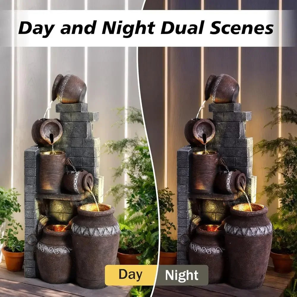6-Tier Cascading Waterfall Fountain with LED Lights for Gardens, Landscaping, Patios, and Balconies (Gray)