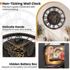 Large Wall Clock, 27” Gear Clock w/ World Map, Non-Ticking Decorative Metal Clock