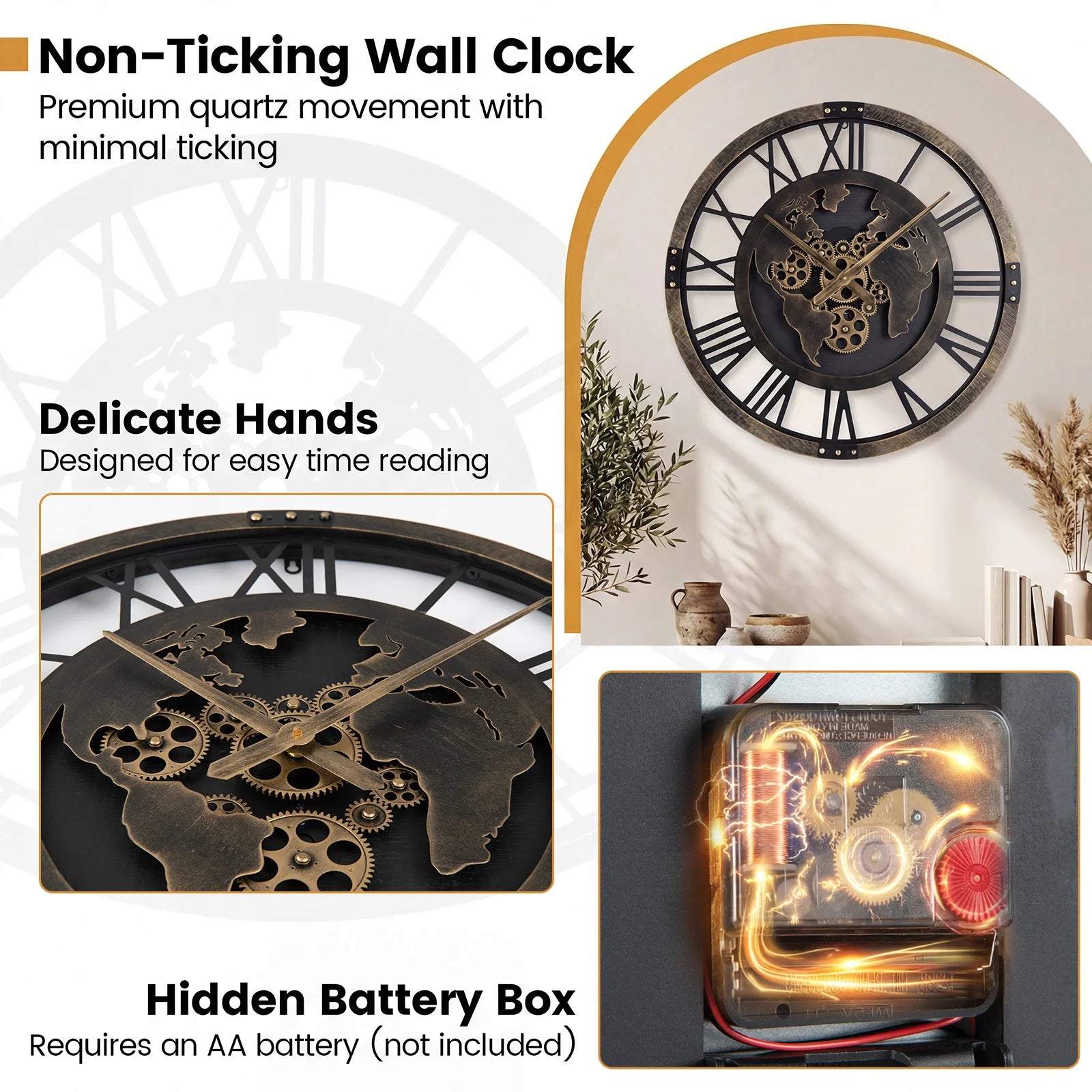 Large Wall Clock, 27” Gear Clock w/ World Map, Non-Ticking Decorative Metal Clock