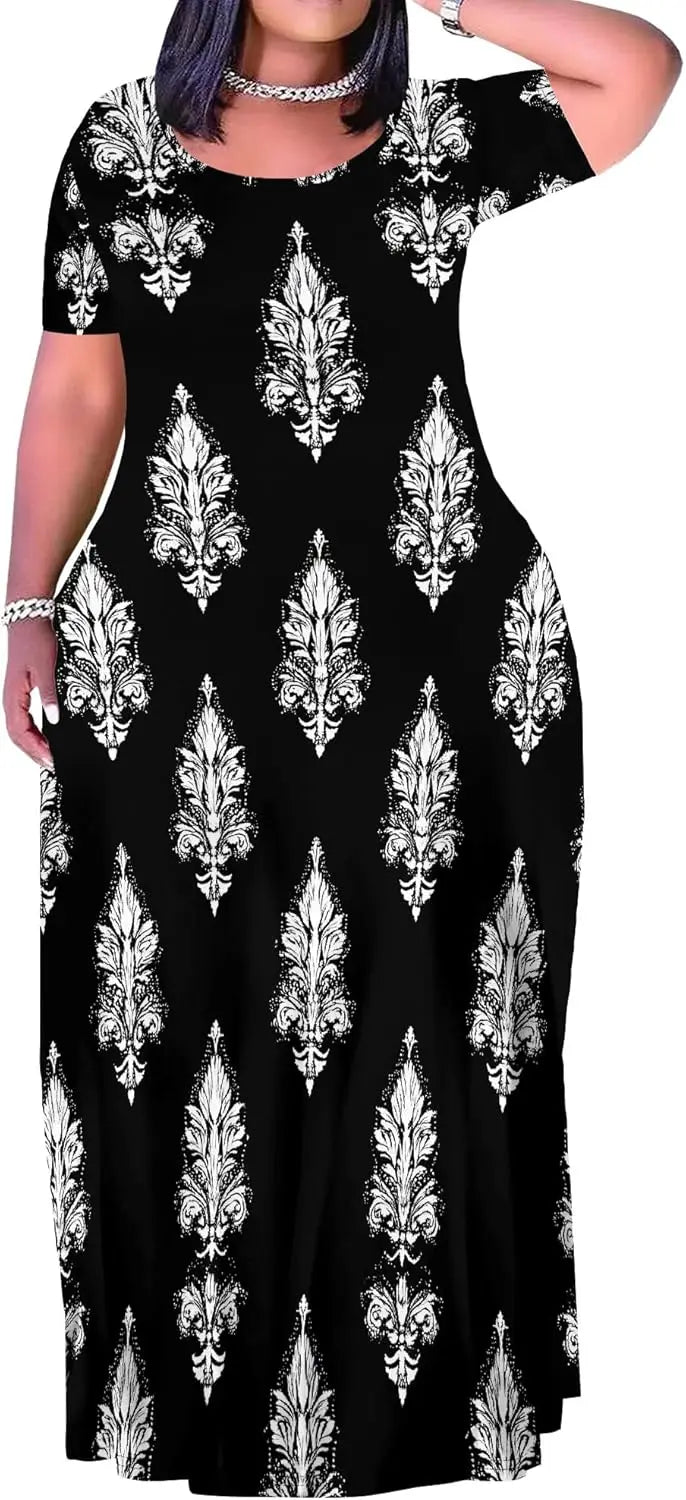 Plus Size Maxi Dress for Women Summer Casual Short Sleeve Tshirt Dresses with Pockets (XL-6XL)