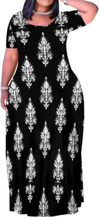 Plus Size Maxi Dress for Women Summer Casual Short Sleeve Tshirt Dresses with Pockets (XL-6XL)