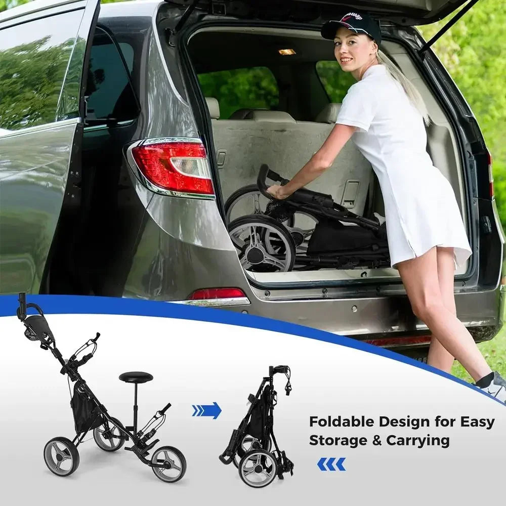 Portable 3-Wheel Golf Cart with Adjustable Seat, Trolley Bag, Scorecard, Umbrella, and Cup Holders, Storage, and Foot Brake
