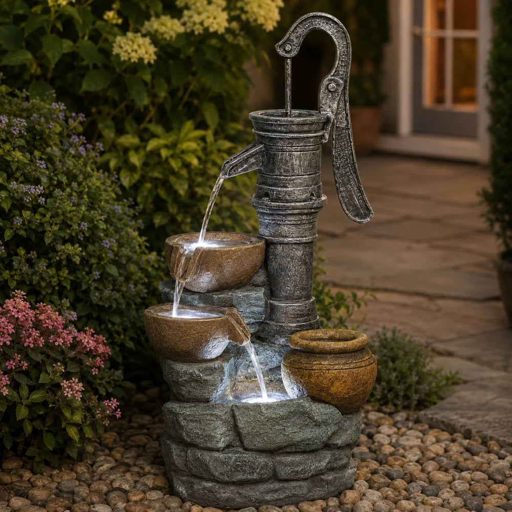 32" H Large Outdoor Fountains with Vintage Pump Ideal for Patio Yards Outdoor Gardens and Home Art Decor Crafted from Weather-Resistant Materials for Year-Round Use