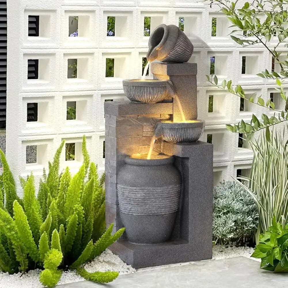 32 Grey Cascading Waterfall Fountain with LED Lights, Suitable for Indoor/Outdoor Use, Garden & Patio Decor