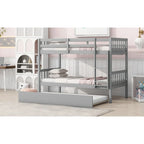 Grey Twin Over Twin Bunk Bed with Trundle, Convertible to Two Twin Beds, Includes Ladder and Guardrails