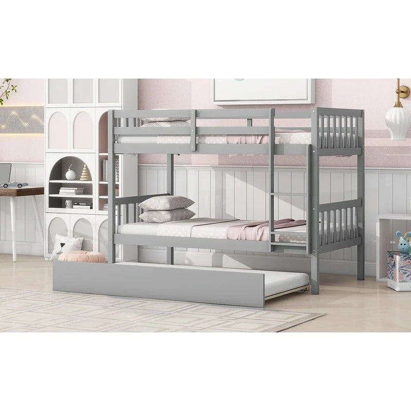 Grey Twin Over Twin Bunk Bed with Trundle, Convertible to Two Twin Beds, Includes Ladder and Guardrails