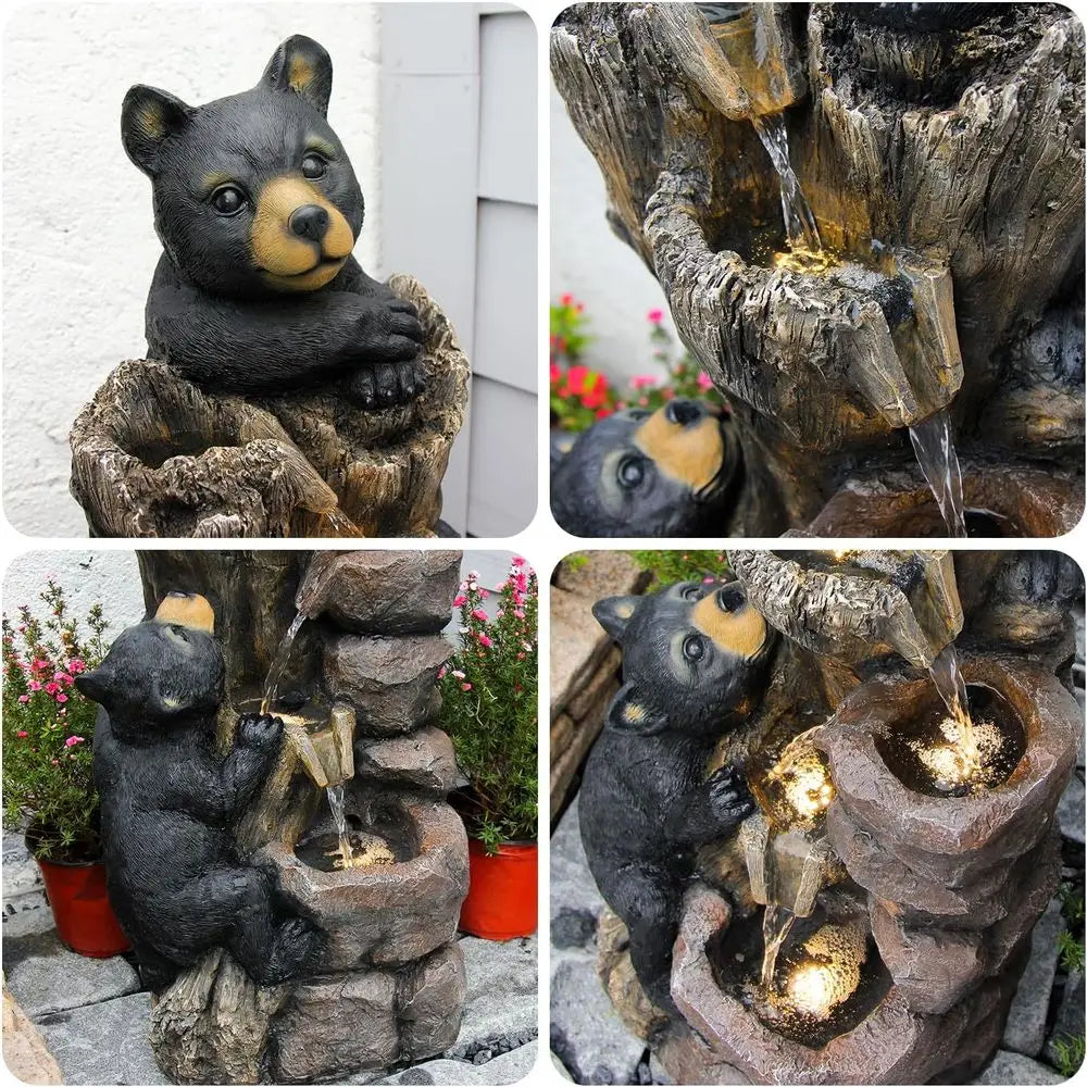 5-Level Outdoor Mountain-Themed Black Bear Climbing Tree Fountain for Garden, Patio, and Deck Relaxation