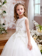 Girls White Sleeveless Silver Floral Lace Appliqué Keyhole Back Tulle Flower Girl Dress For Wedding Party