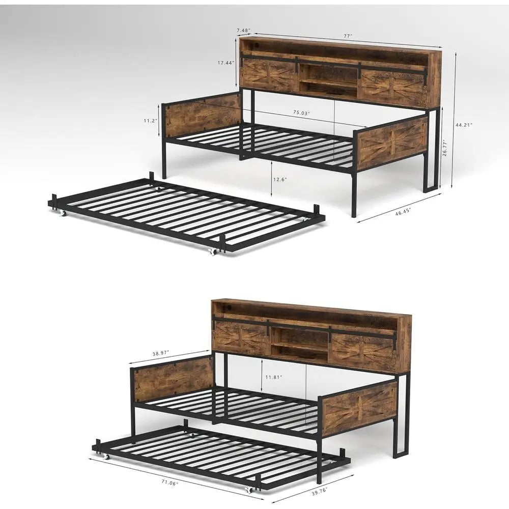 Sturdy Metal Twin Daybed with Trundle, LED & Charging Station, Storage Headboard - Heavy Duty Frame for Living, Bedroom, Guest R