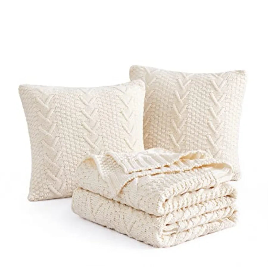 Knitted Throw Blanket 50" x 60" and 2 Pillow Covers (18" x 18") 3 Pcs Throw Blanket Set Decorative Throw Blankets for Couch Sof