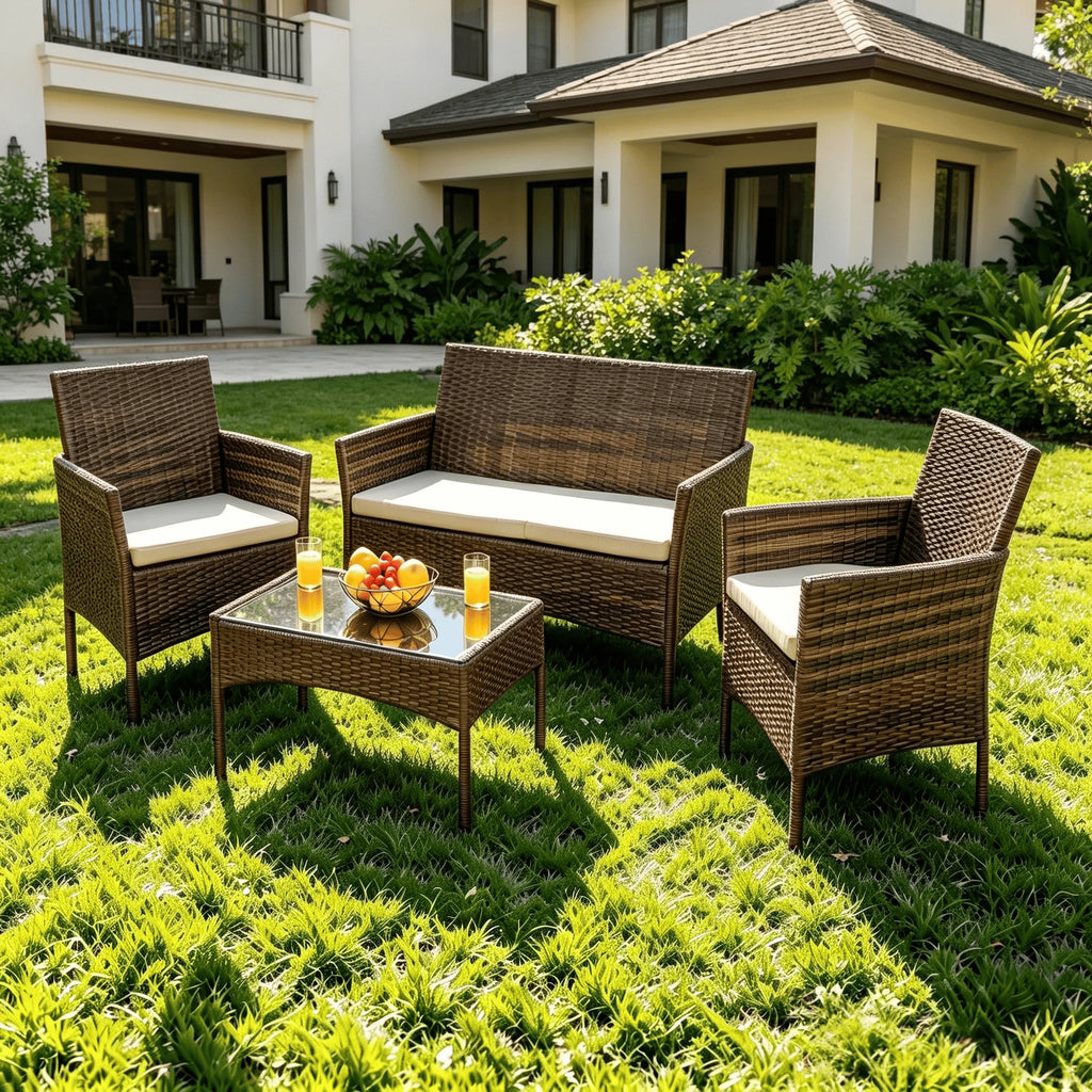 4-Piece Outdoor Rattan Patio Furniture Set, Brown PE Wicker Conversation Set With Cushions& Glass Coffee Table, Perfect For Backyard, Balcony, Poolside