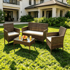 4-Piece Outdoor Rattan Patio Furniture Set, Brown PE Wicker Conversation Set With Cushions& Glass Coffee Table, Perfect For Backyard, Balcony, Poolside