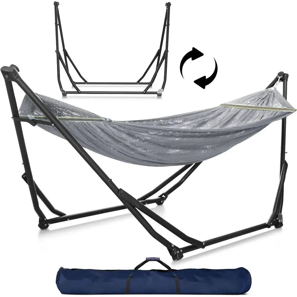 Heavy-Duty Indoor/Outdoor Hammock with Steel Stand, 600lbs Capacity, Durable Double-Layered Polyester, Grey