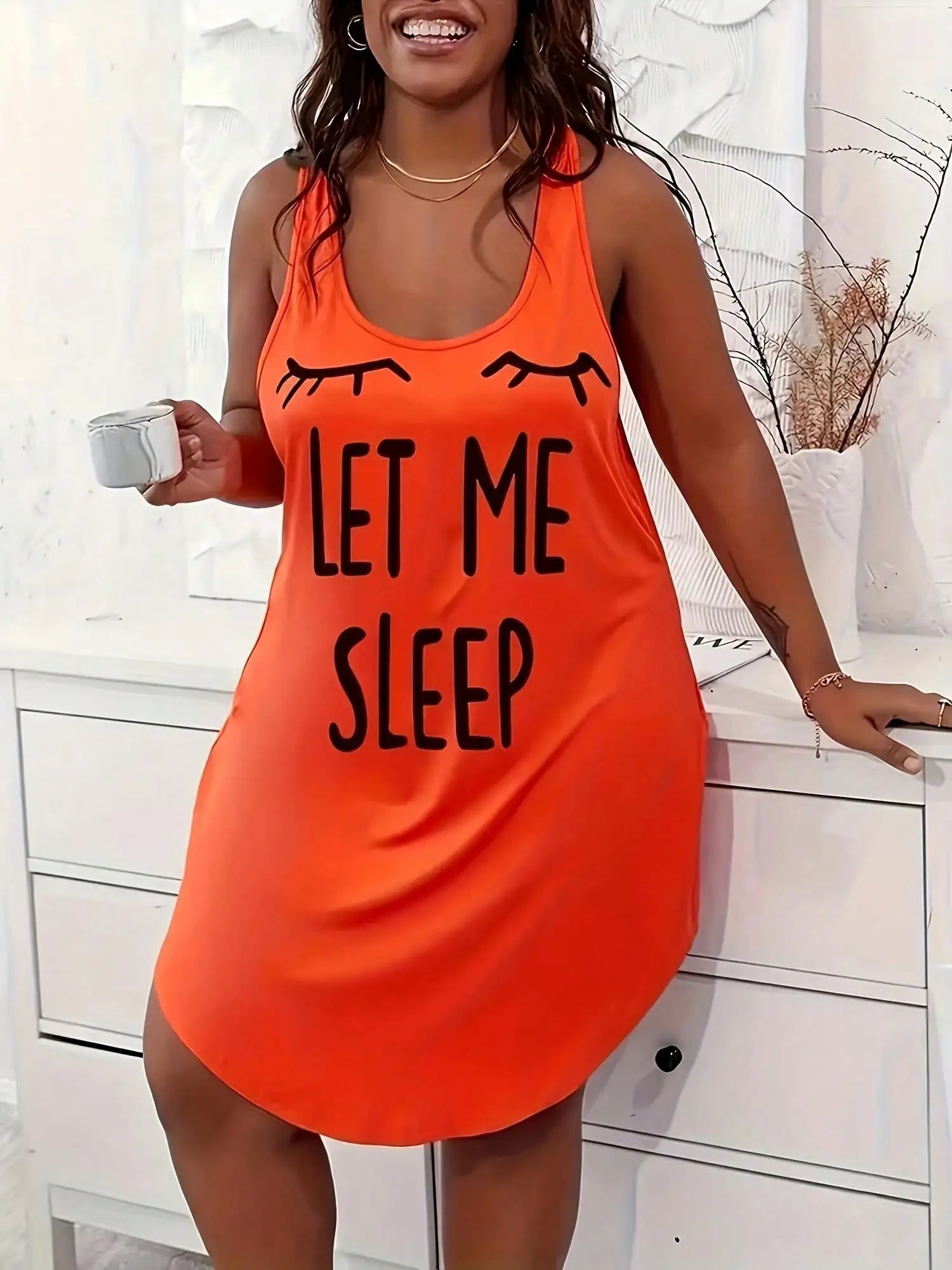 Plus Size Casual Lounge Dress, Women's Plus Eyelash & Letter Print Scoop Neck Racer Back Curve Hem Tank Sleep Dress