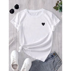 Women's White Sleeve T-Shirt with Black Heart Casual Round Neck Summer Aesthetics Short Sleeved Harajuku Streetwear Y2k Tops Te