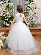 Girls White Sleeveless Silver Floral Lace Appliqué Keyhole Back Tulle Flower Girl Dress For Wedding Party