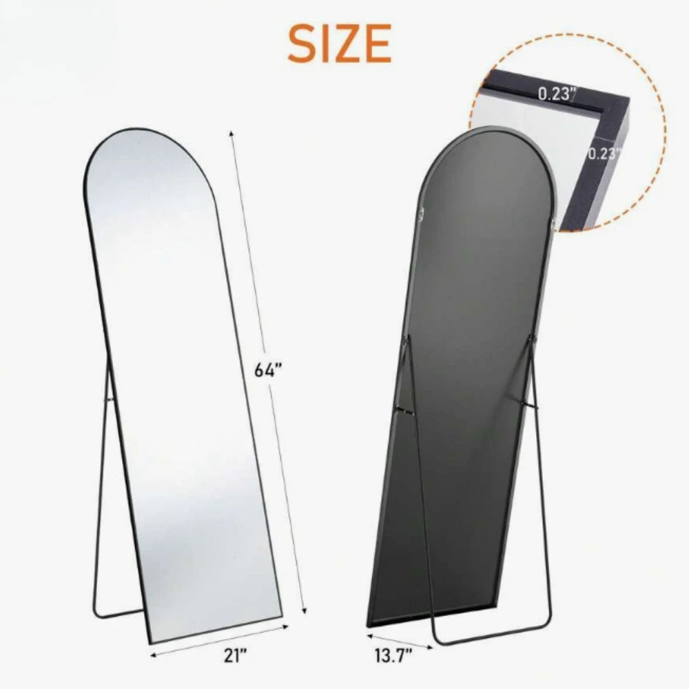 Black Aluminum Alloy Thin Frame Mirror, 64X21 Inch Arched Full Length Mirror with Stand for Bedroom and Living Room