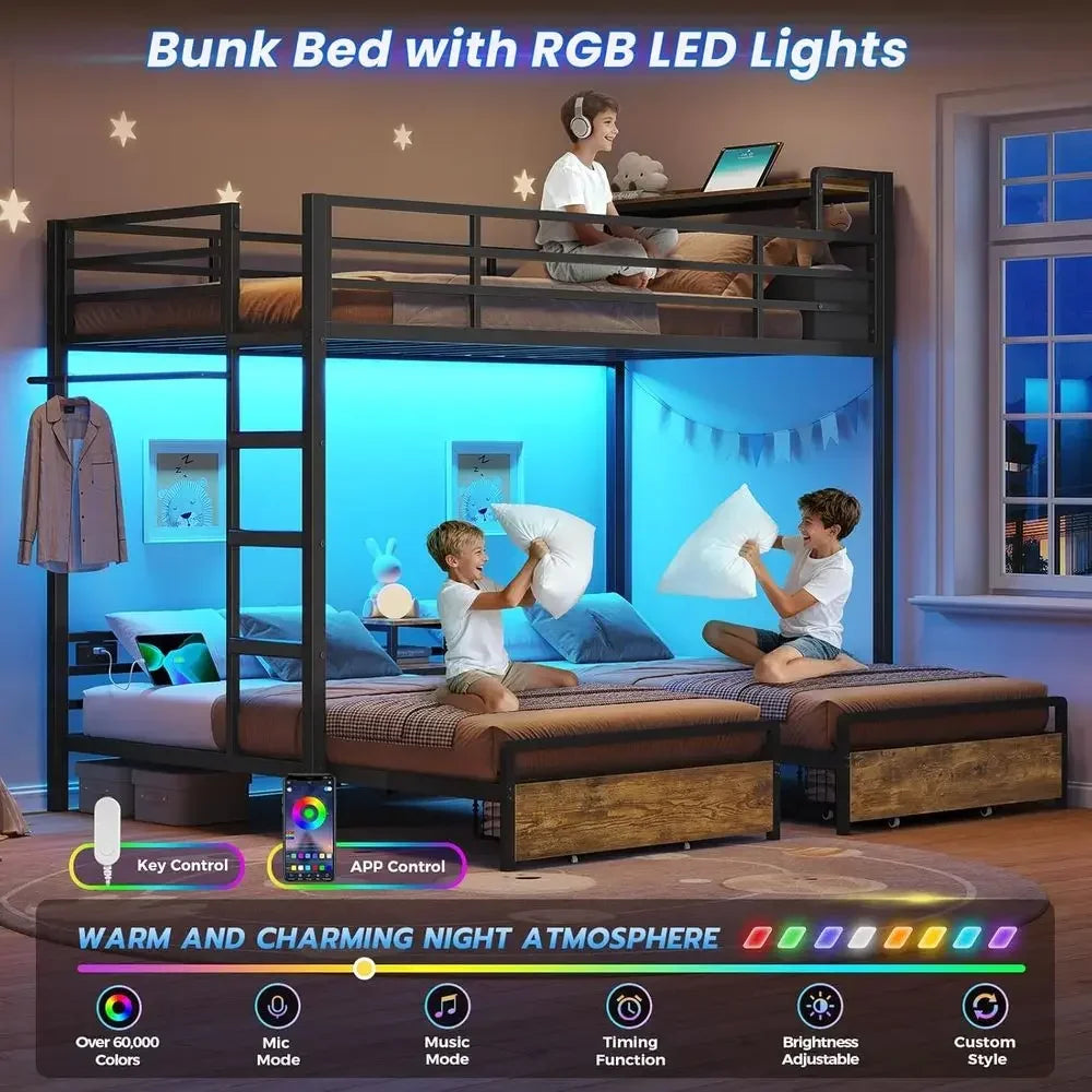 Triple Bunk Bed with Storage Drawers and Charging Station, Twin Over Twin Metal, 3 Beds, Guardrails, Ladder, No Box Spring, Blac