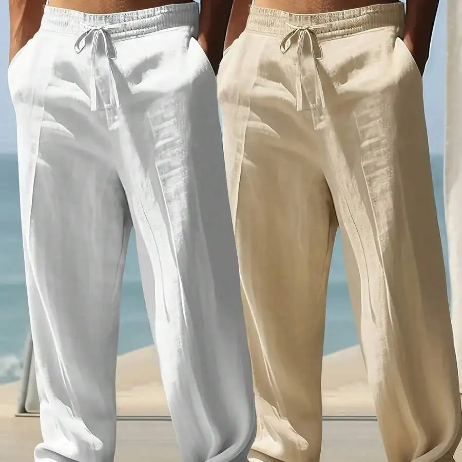 MenS Loose Fit Linen Casual Pants Elastic Waist Beige White