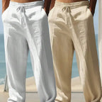 MenS Loose Fit Linen Casual Pants Elastic Waist Beige White