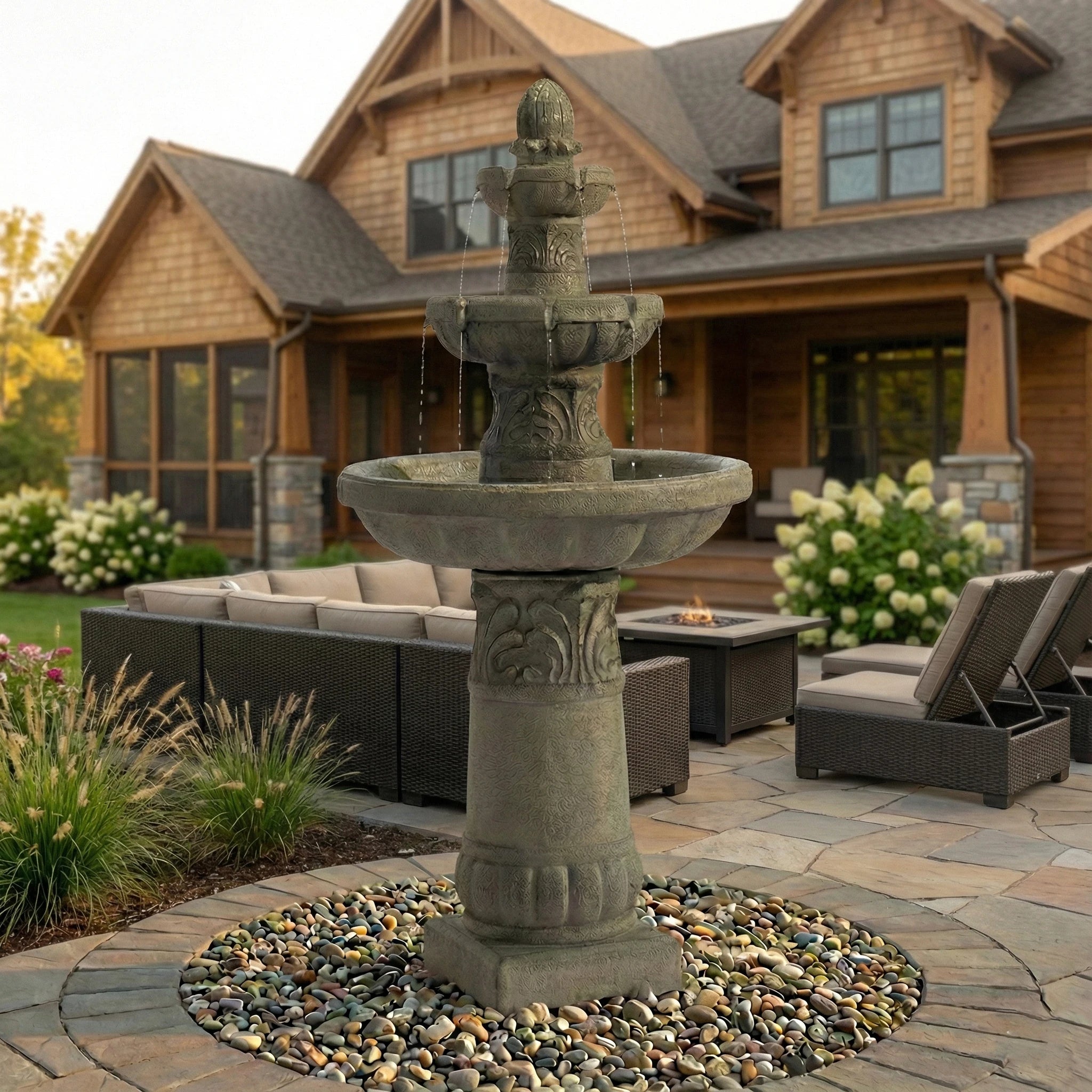 52 Inch Height 3-Tier Outdoor LED Garden Water Fountain, Large Floor-Standing Resin Cascading Bubbler Waterfall Fountain with Pump, Decorative Outdoor Fountain for Backyard, Patio, Yard & Home Decor