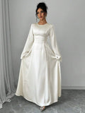 Elegant Ivory A-Line Satin Maxi Dress With Cinched Waist And Flare Sleeves