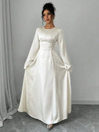 Elegant Ivory A-Line Satin Maxi Dress With Cinched Waist And Flare Sleeves