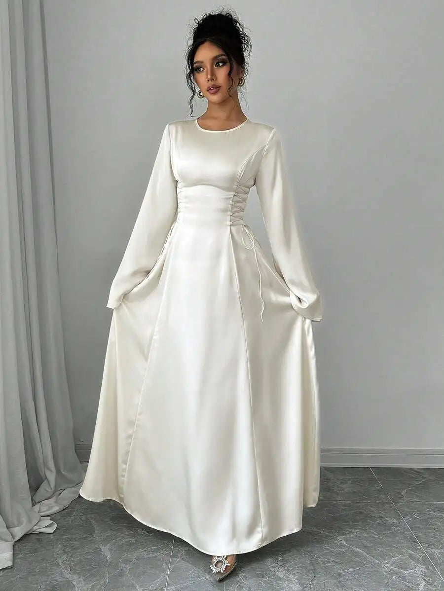 Elegant Ivory A-Line Satin Maxi Dress With Cinched Waist And Flare Sleeves
