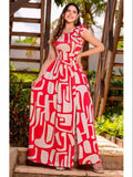 Plus size red and white geometric abstract print sleeveless maxi dress; single side bow waist cinching side slit flared hem vacation maxi dress